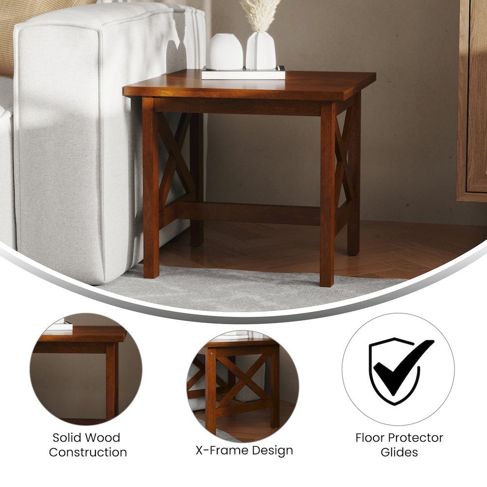 Farmhouse Style Solid Wood End Table with Traditional X-Frame Design in Walnut. Picture 4