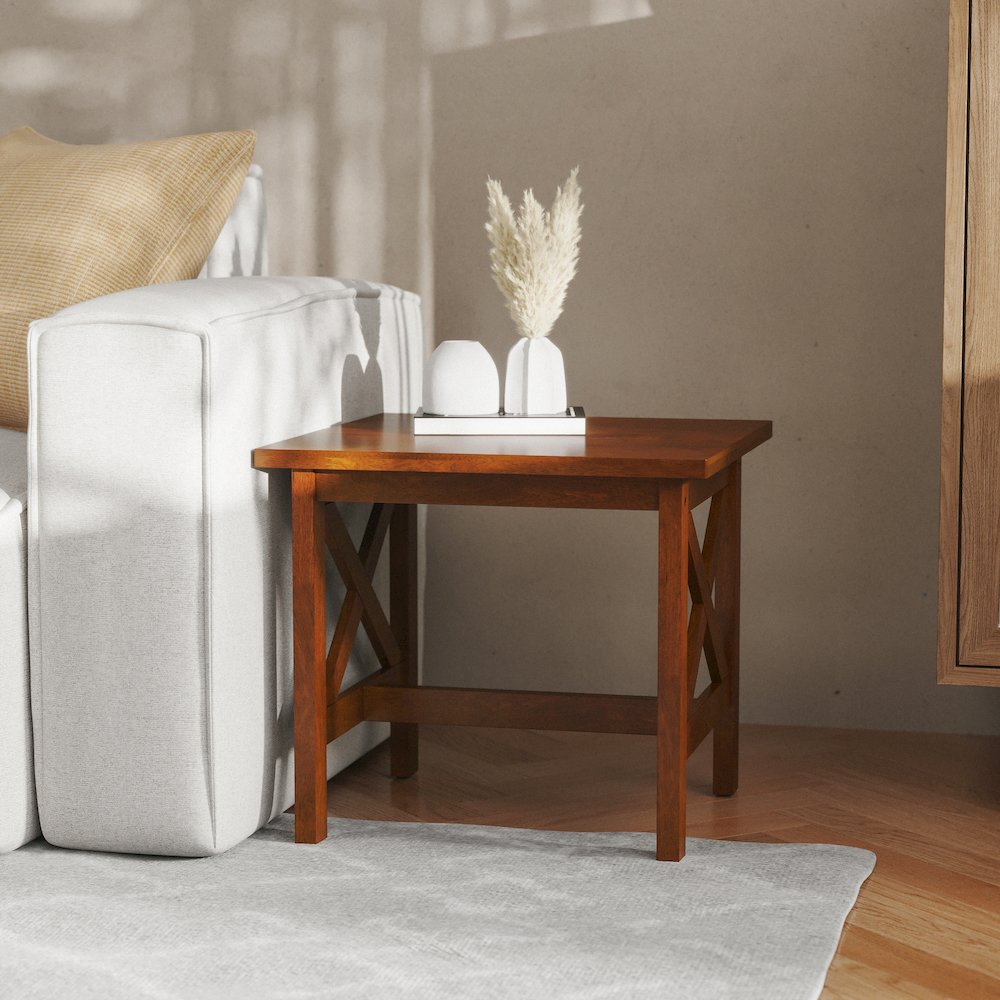 Farmhouse Style Solid Wood End Table with Traditional X-Frame Design in Walnut. Picture 3