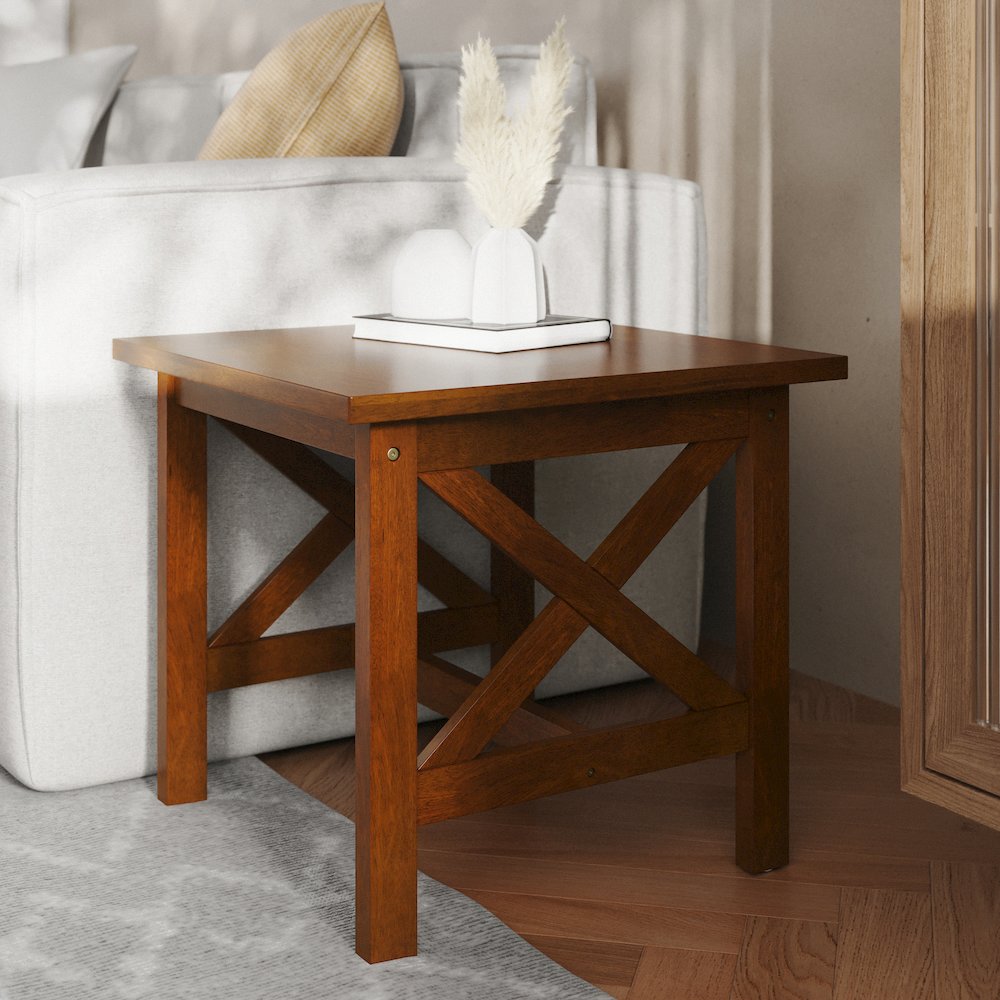 Farmhouse Style Solid Wood End Table with Traditional X-Frame Design in Walnut. Picture 6