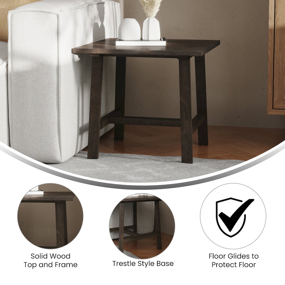 Eli Solid Wood Farmhouse End Table, Trestle Style Accent Table in Dark Gray. Picture 4