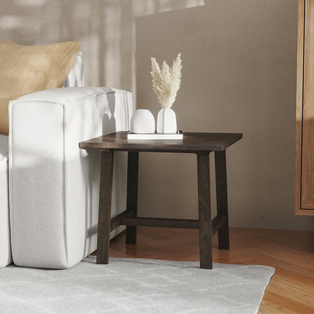 Eli Solid Wood Farmhouse End Table, Trestle Style Accent Table in Dark Gray. Picture 3