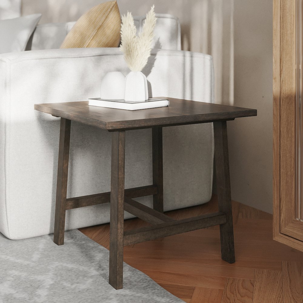 Eli Solid Wood Farmhouse End Table, Trestle Style Accent Table in Dark Gray. Picture 6