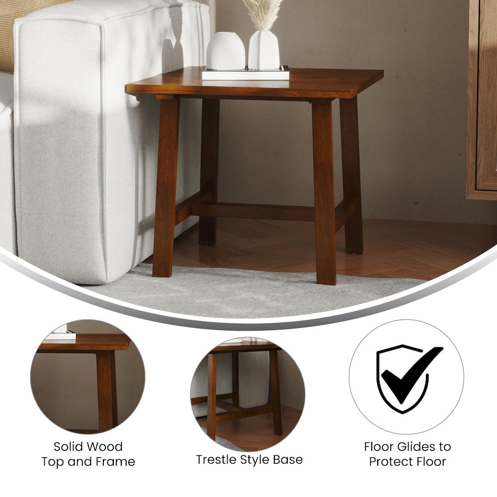 Eli Solid Wood Farmhouse End Table, Trestle Style Accent Table in Walnut. Picture 4