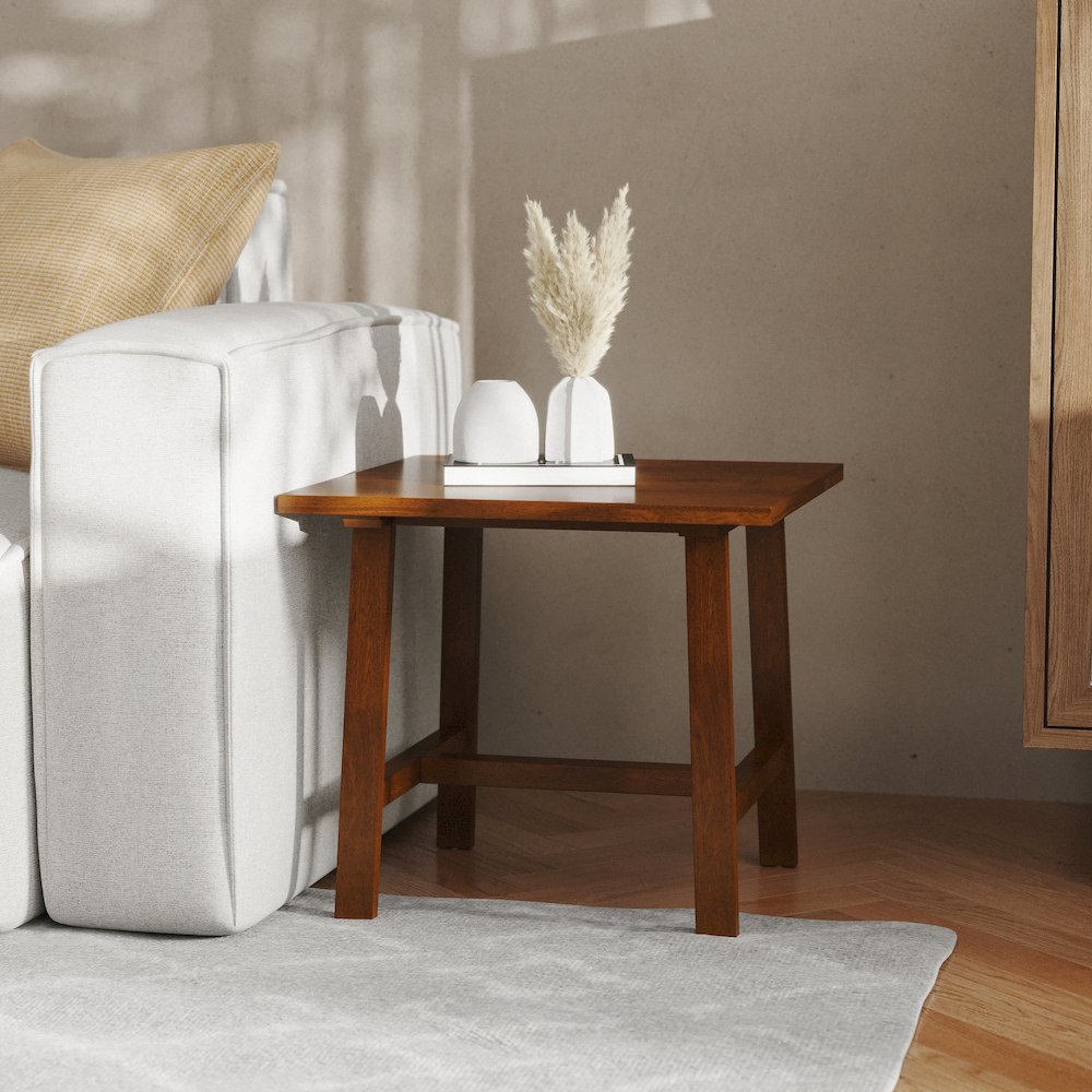 Eli Solid Wood Farmhouse End Table, Trestle Style Accent Table in Walnut. Picture 3