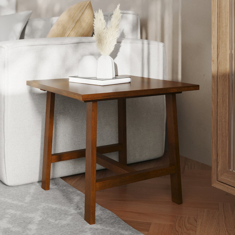 Eli Solid Wood Farmhouse End Table, Trestle Style Accent Table in Walnut. Picture 6