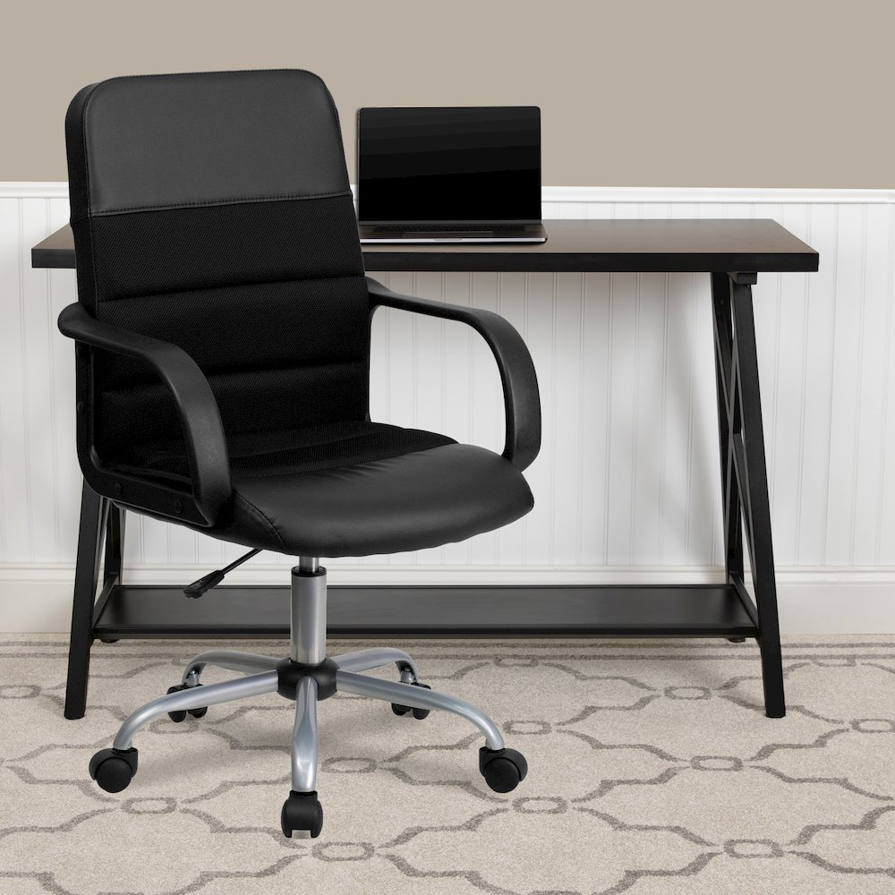 Mid-Back Black LeatherSoft and Mesh Swivel Task Office Chair with Arms. Picture 2