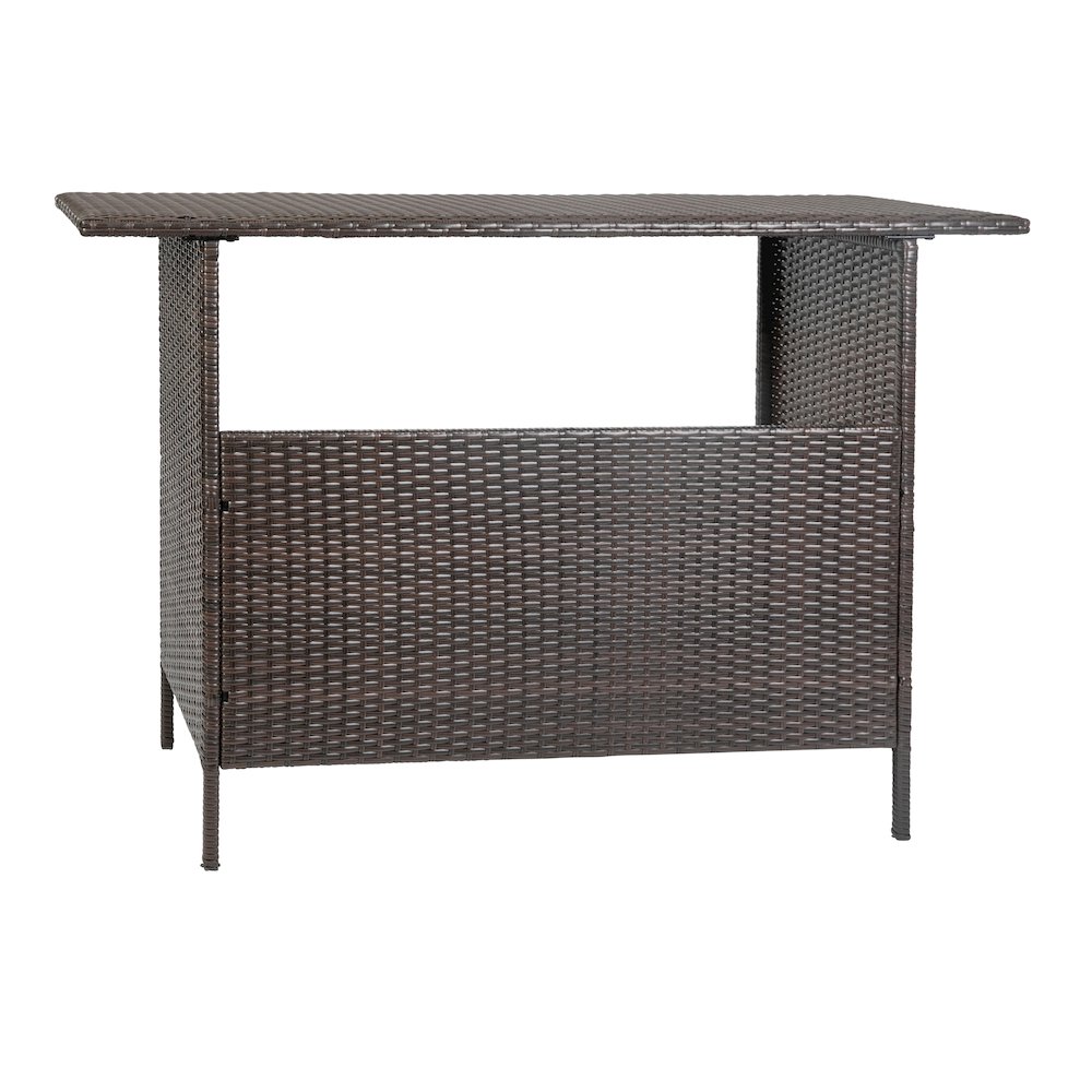 Marco Indoor/Outdoor Patio Wicker Rattan Bar Counter Table with 2 Shelves, Brown. Picture 1