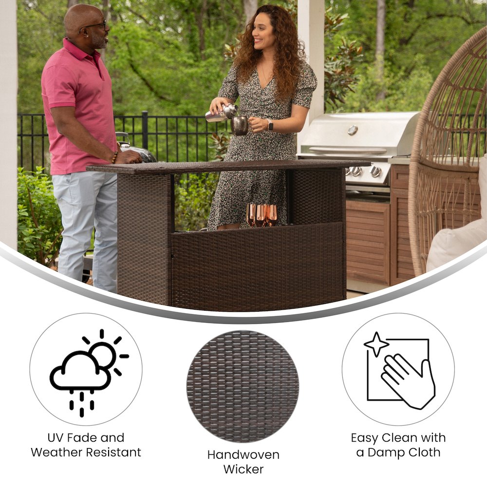 Marco Indoor/Outdoor Patio Wicker Rattan Bar Counter Table with 2 Shelves, Brown. Picture 7