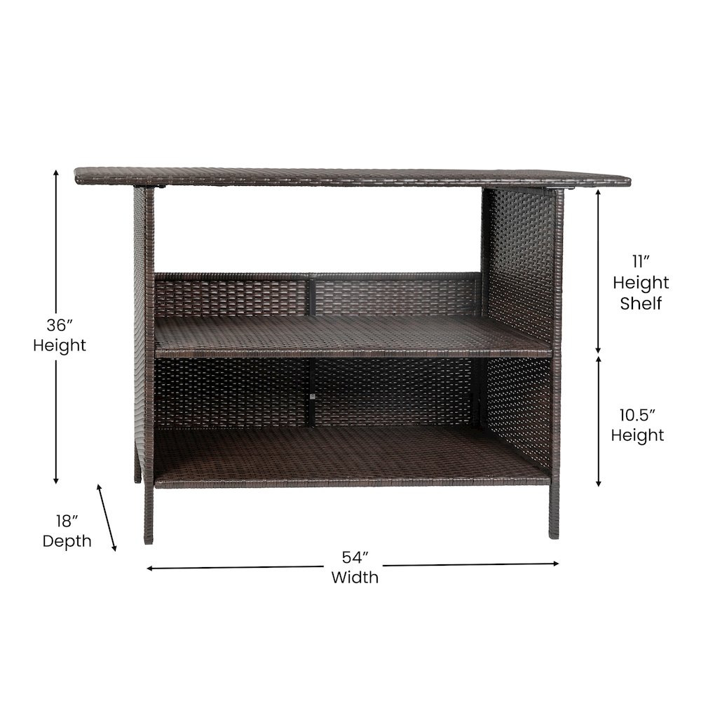 Marco Indoor/Outdoor Patio Wicker Rattan Bar Counter Table with 2 Shelves, Brown. Picture 8