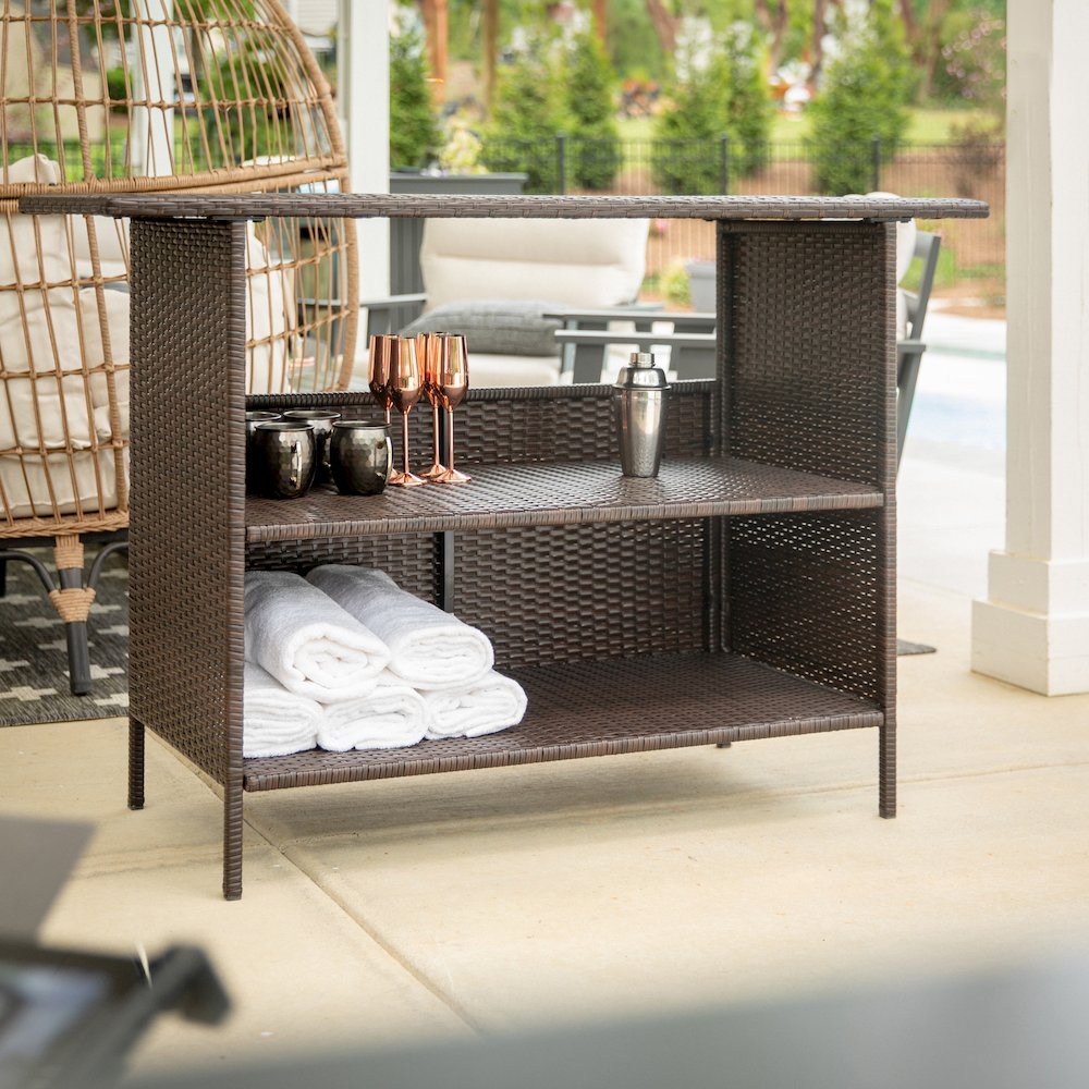 Marco Indoor/Outdoor Patio Wicker Rattan Bar Counter Table with 2 Shelves, Brown. Picture 5