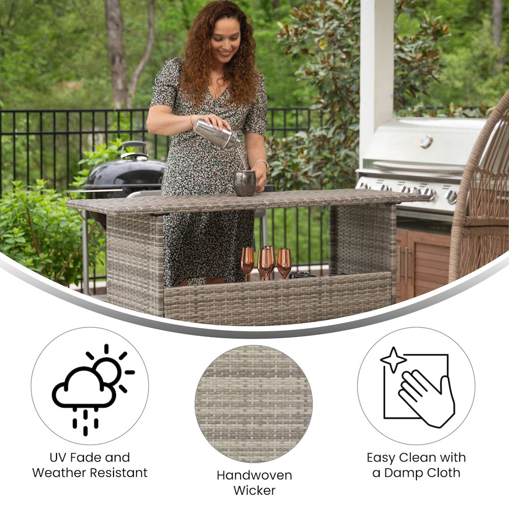Marco Indoor/Outdoor Patio Wicker Rattan Bar Counter Table with 2 Shelves, Gray. Picture 7