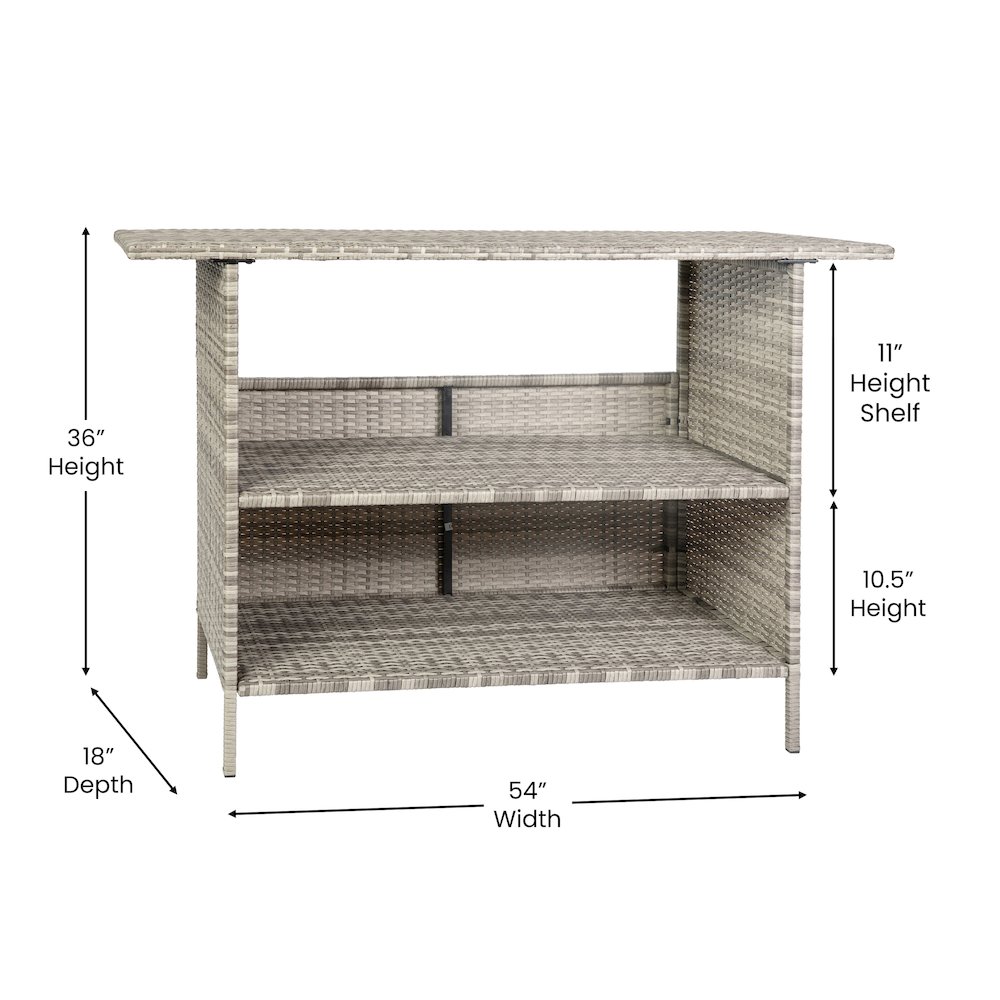 Marco Indoor/Outdoor Patio Wicker Rattan Bar Counter Table with 2 Shelves, Gray. Picture 8