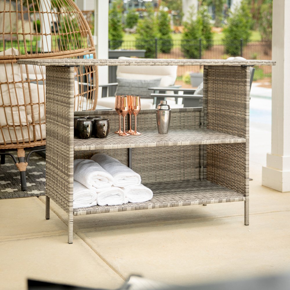 Marco Indoor/Outdoor Patio Wicker Rattan Bar Counter Table with 2 Shelves, Gray. Picture 5