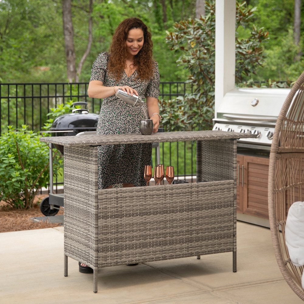 Marco Indoor/Outdoor Patio Wicker Rattan Bar Counter Table with 2 Shelves, Gray. Picture 4
