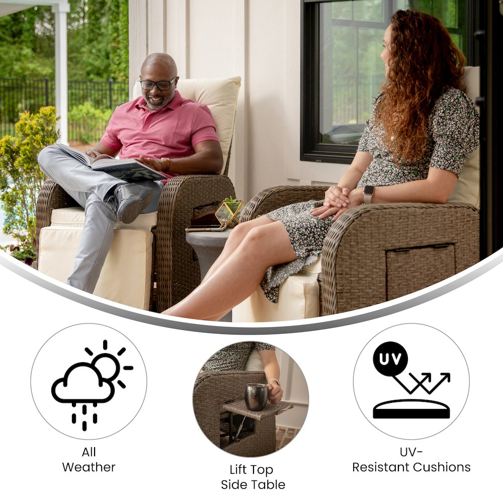 Patio Wicker Rattan Recliner Lounge Chair with Flip up Side Table, Beige/Brown. Picture 7