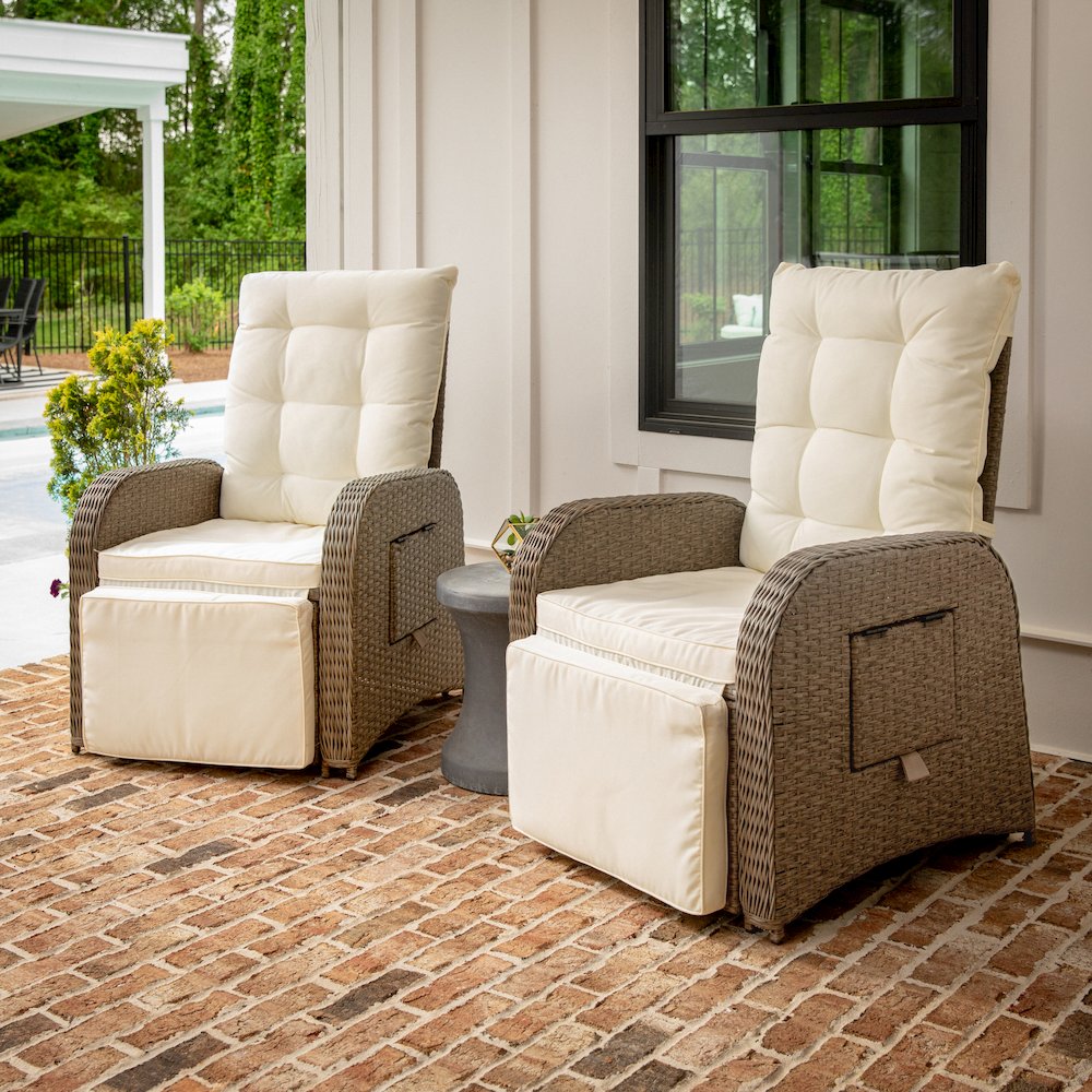 Patio Wicker Rattan Recliner Lounge Chair with Flip up Side Table, Beige/Brown. Picture 5