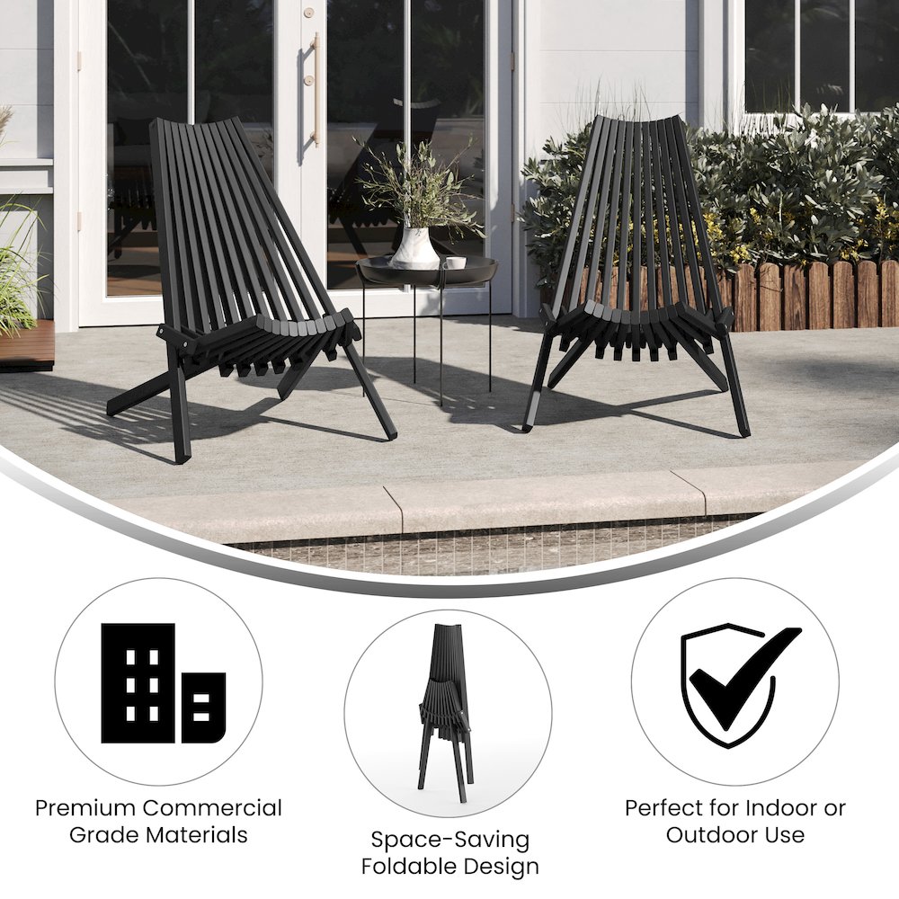 Folding Acacia Wood Chair, Low Profile Lounge for Patio, Porch, Garden, Black. Picture 4