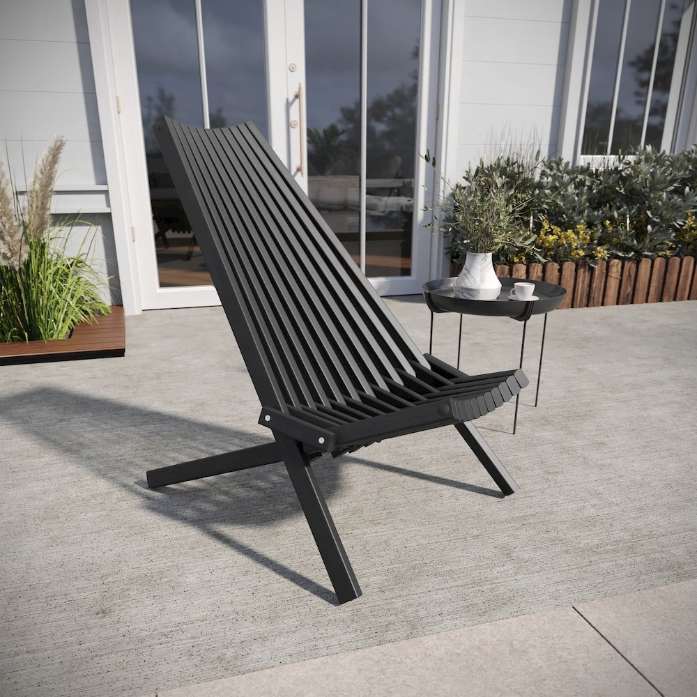 Folding Acacia Wood Chair, Low Profile Lounge for Patio, Porch, Garden, Black. Picture 3