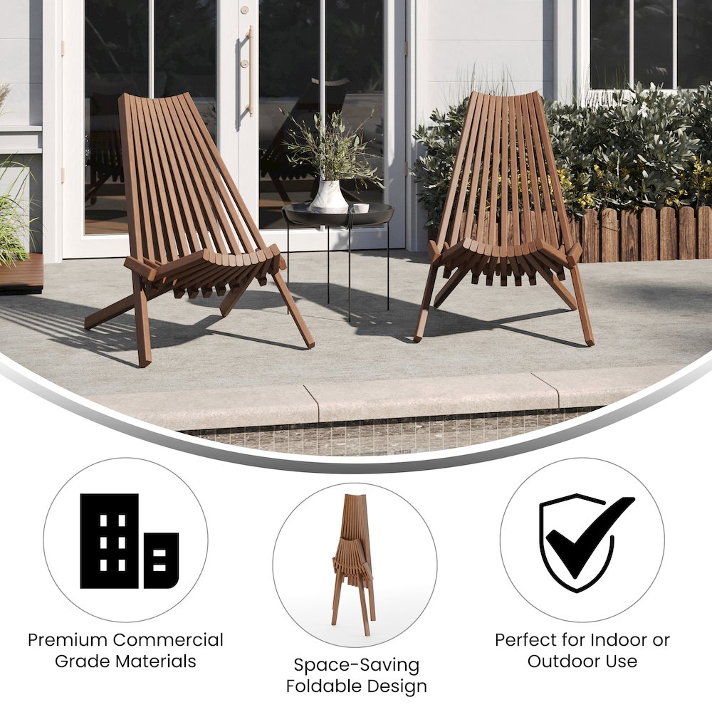 Folding Acacia Wood Chair, Low Profile Lounge for Patio, Porch, Garden, Brown. Picture 4