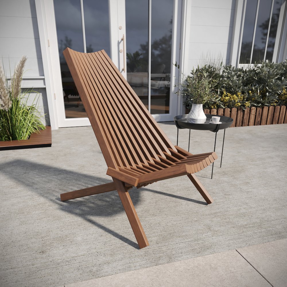Folding Acacia Wood Chair, Low Profile Lounge for Patio, Porch, Garden, Brown. Picture 3