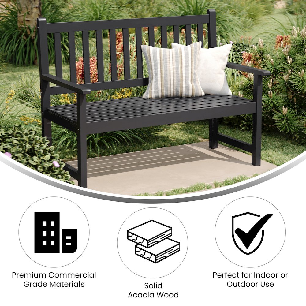 Patio Acacia Wood Bench, 2-Person Slatted Seat Loveseat, Black. Picture 4