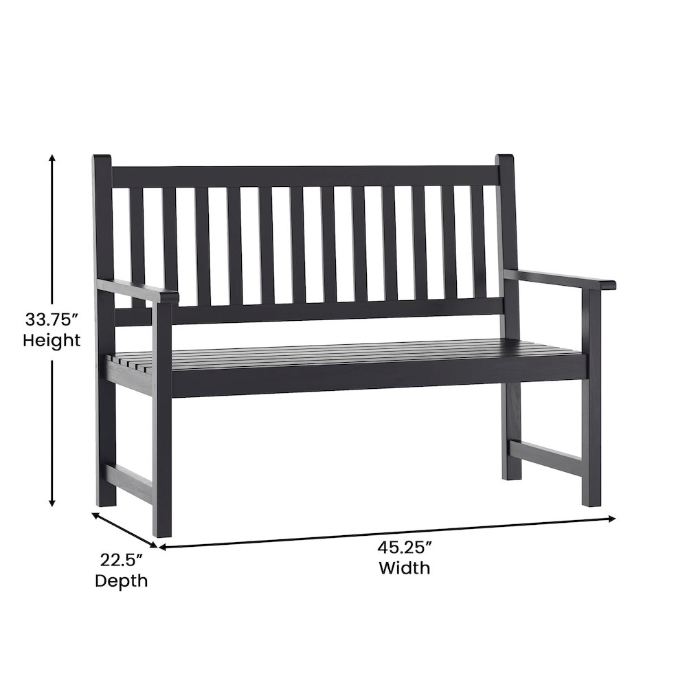 Patio Acacia Wood Bench, 2-Person Slatted Seat Loveseat, Black. Picture 5