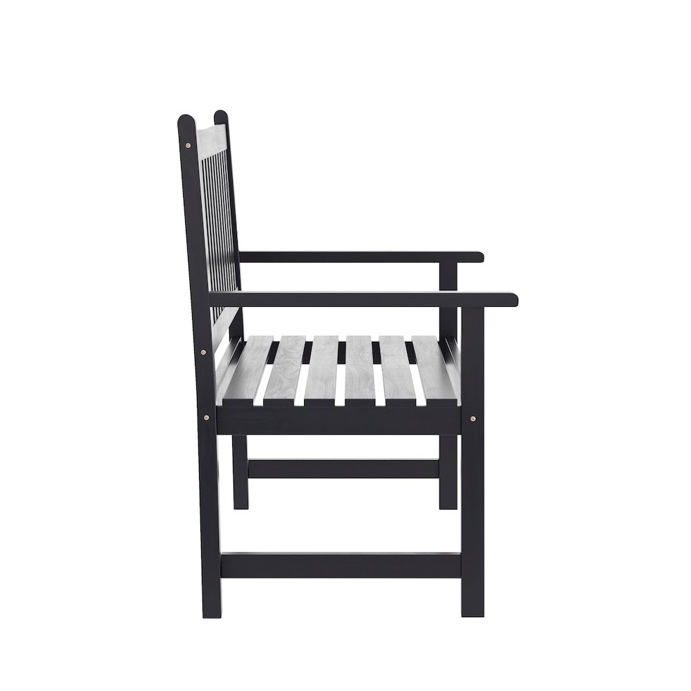 Patio Acacia Wood Bench, 2-Person Slatted Seat Loveseat, Black. Picture 8