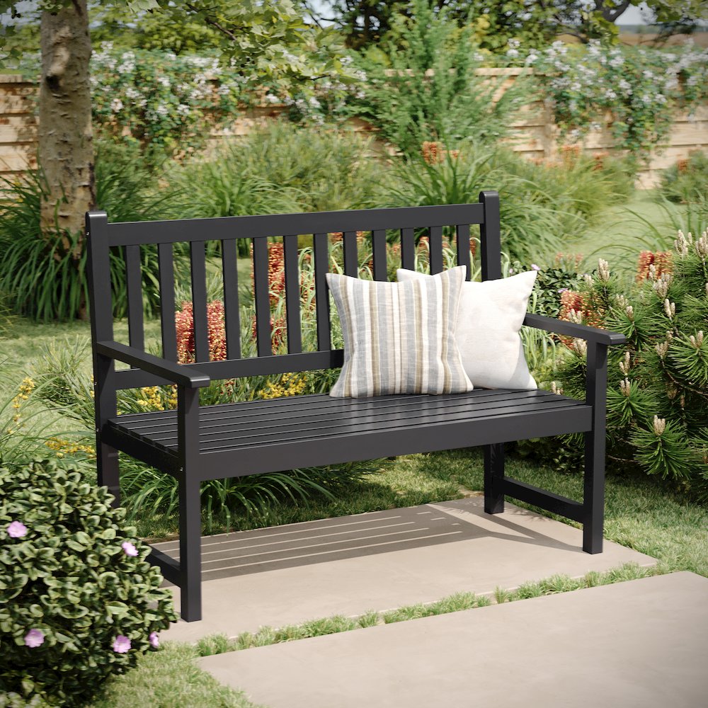 Patio Acacia Wood Bench, 2-Person Slatted Seat Loveseat, Black. Picture 3