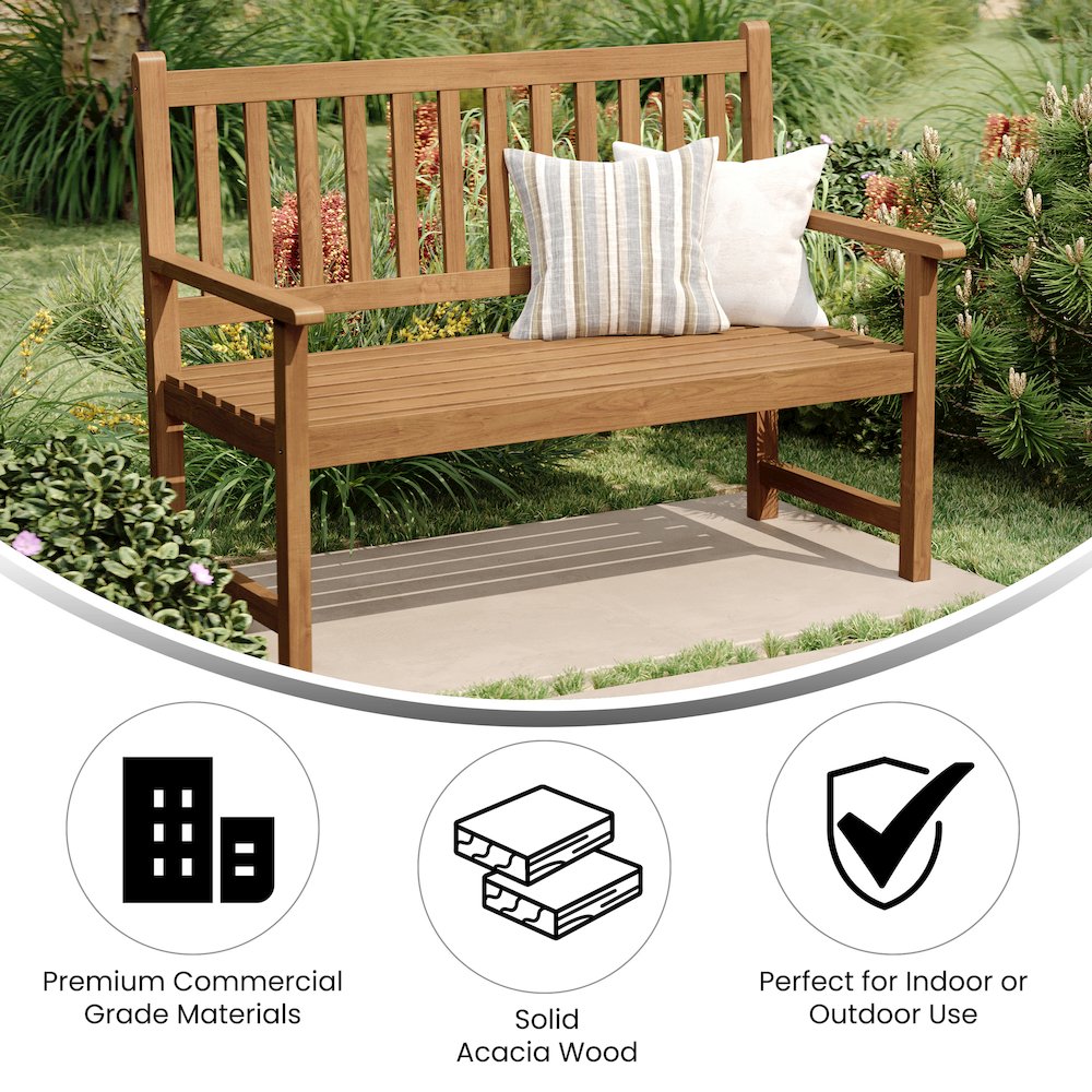 Patio Acacia Wood Bench, 2-Person Slatted Seat Loveseat , Brown. Picture 4