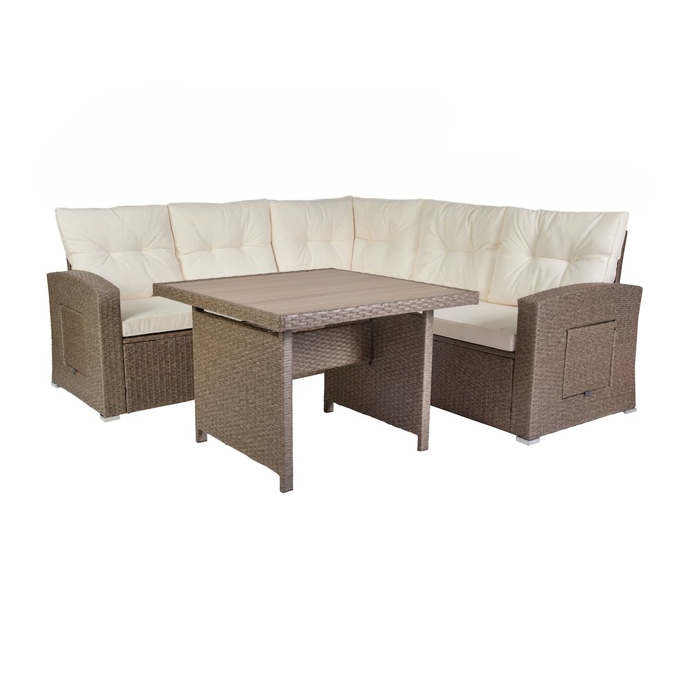 Set With L-Shaped Sofa and Table With Faux Wood Top, Beige Cushions/Brown Frame. Picture 1