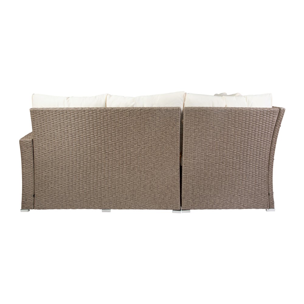 Set With L-Shaped Sofa and Table With Faux Wood Top, Beige Cushions/Brown Frame. Picture 9