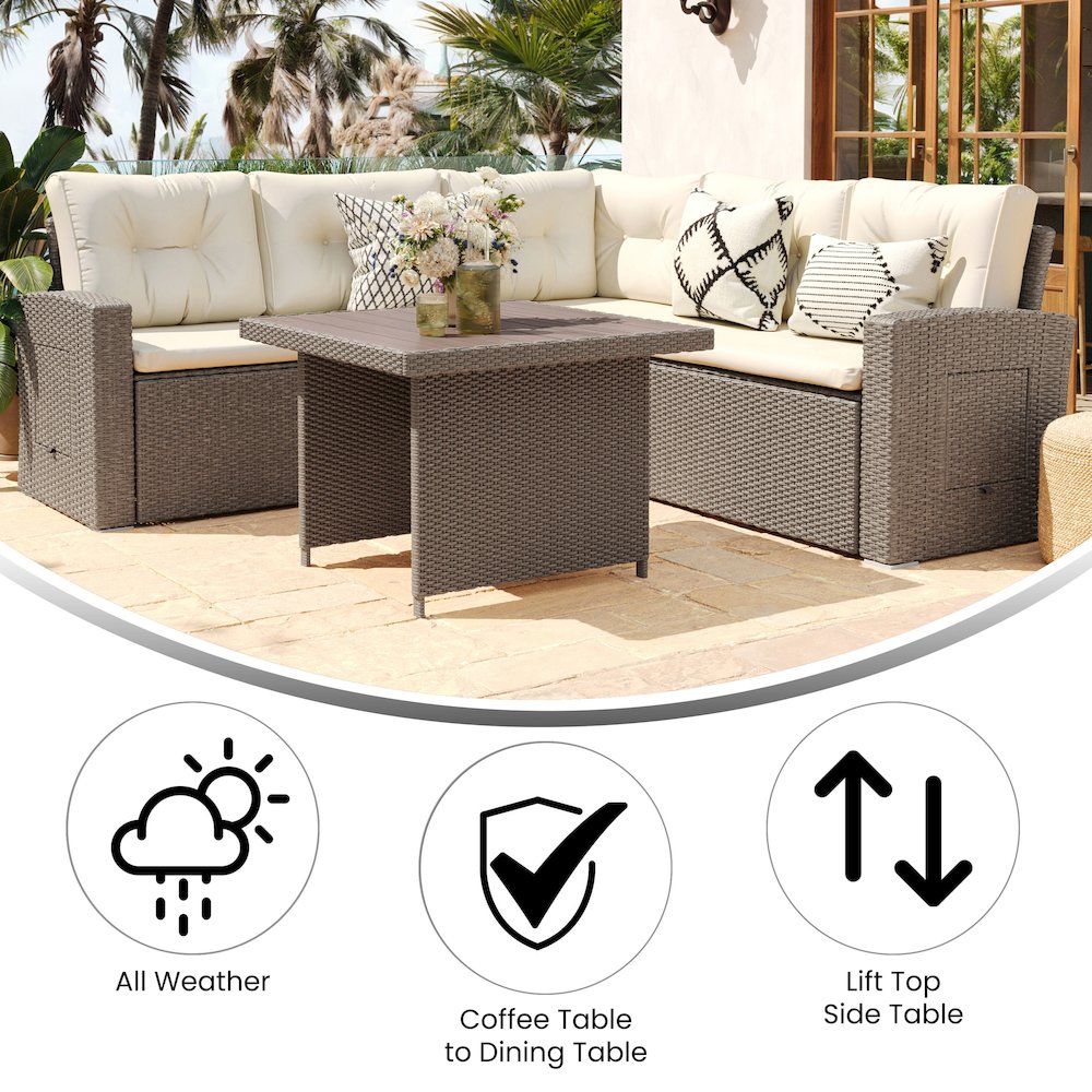 Set With L-Shaped Sofa and Table With Faux Wood Top, Beige Cushions/Brown Frame. Picture 4