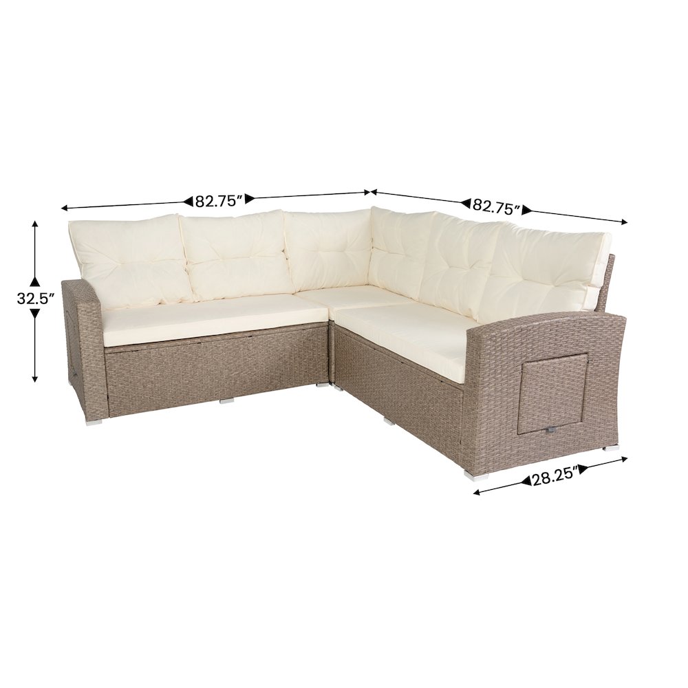 Set With L-Shaped Sofa and Table With Faux Wood Top, Beige Cushions/Brown Frame. Picture 5