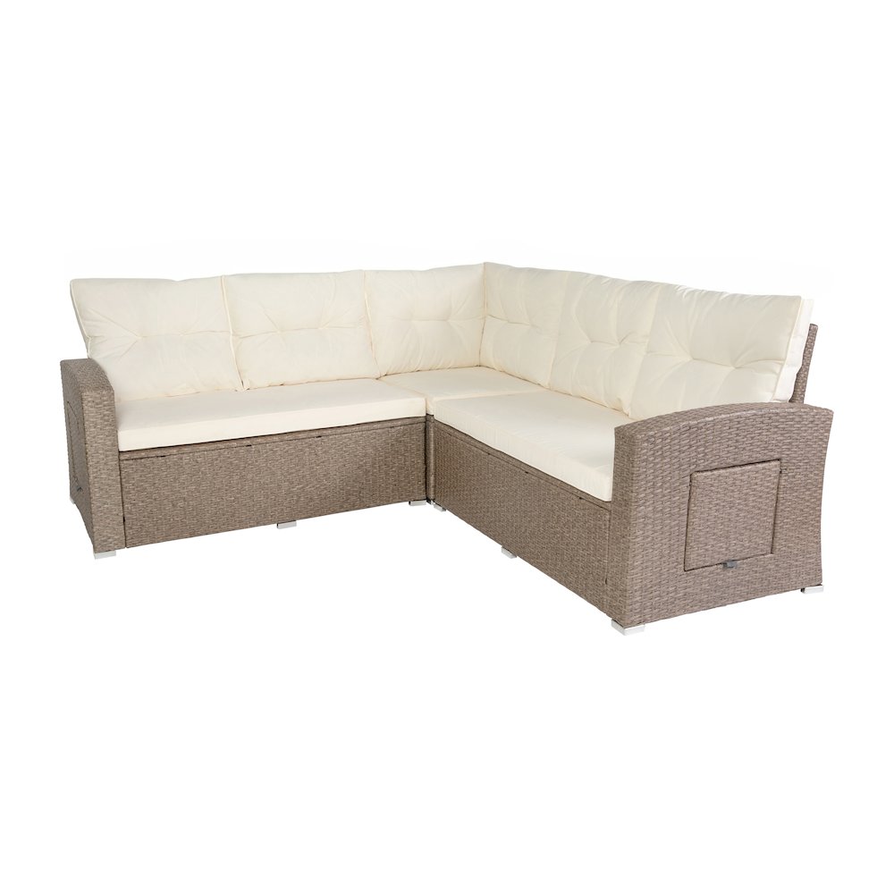 Set With L-Shaped Sofa and Table With Faux Wood Top, Beige Cushions/Brown Frame. Picture 14