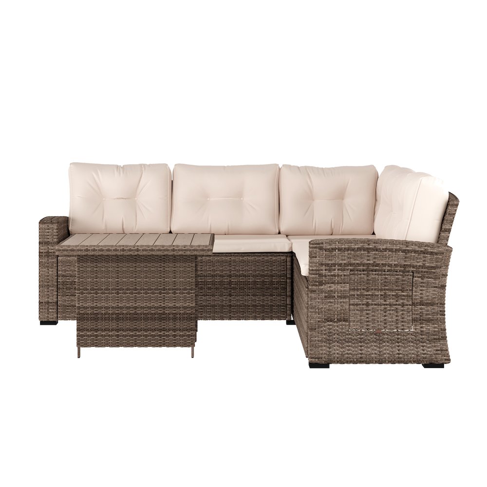 Set With L-Shaped Sofa and Table With Faux Wood Top, Beige Cushions/Brown Frame. Picture 12