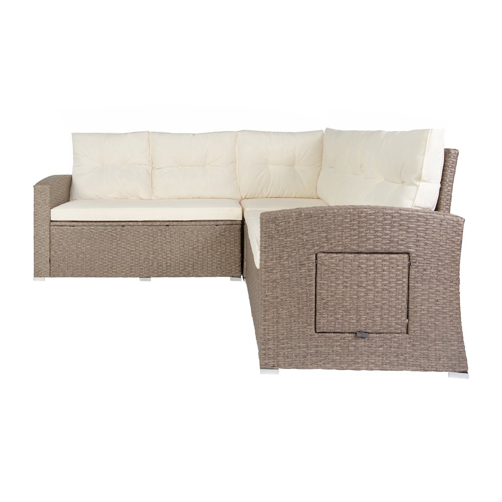 Set With L-Shaped Sofa and Table With Faux Wood Top, Beige Cushions/Brown Frame. Picture 11