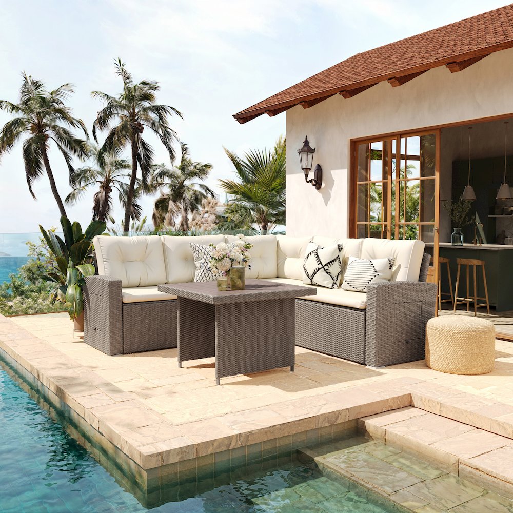 Set With L-Shaped Sofa and Table With Faux Wood Top, Beige Cushions/Brown Frame. Picture 3