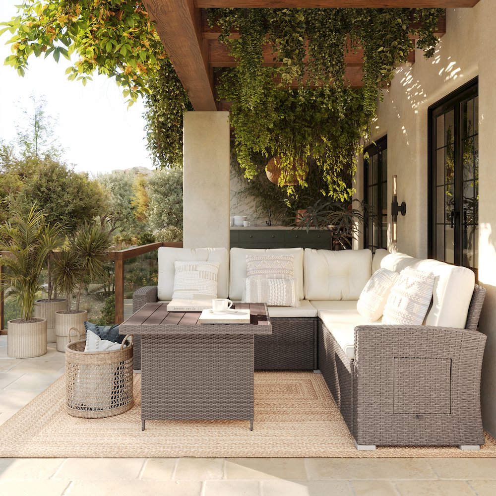 Set With L-Shaped Sofa and Table With Faux Wood Top, Beige Cushions/Brown Frame. Picture 7