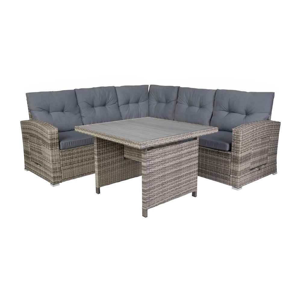Set With L-Shaped Sofa and Table With Faux Wood Top, Gray Cushions/Gray Frame. Picture 1