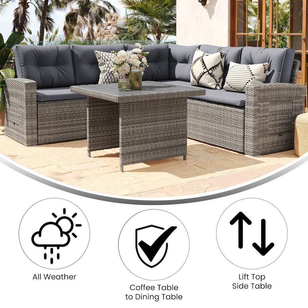 Set With L-Shaped Sofa and Table With Faux Wood Top, Gray Cushions/Gray Frame. Picture 4
