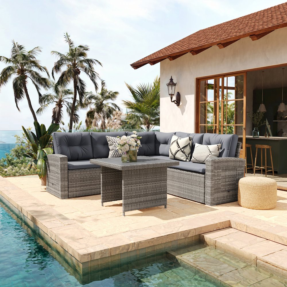 Set With L-Shaped Sofa and Table With Faux Wood Top, Gray Cushions/Gray Frame. Picture 3