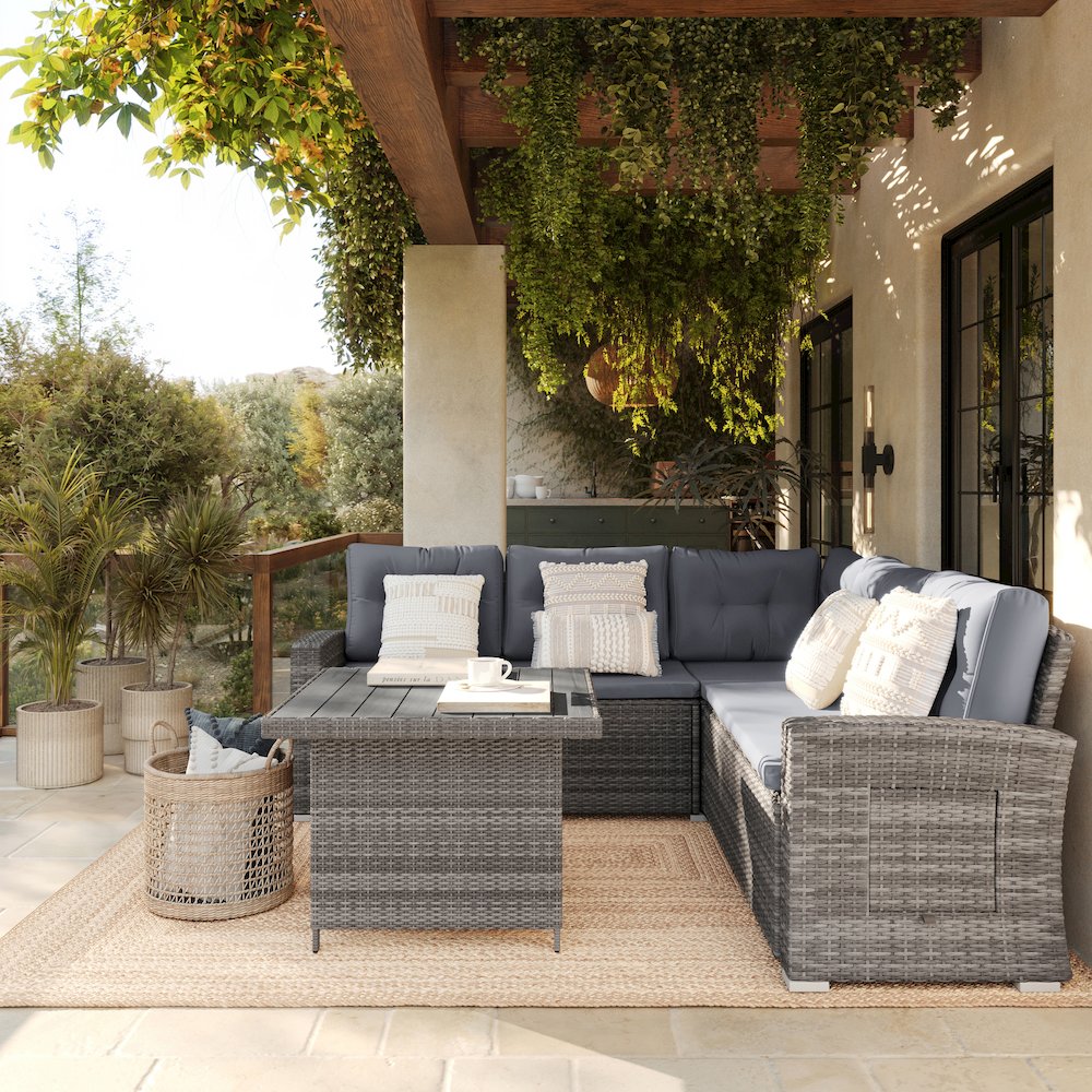 Set With L-Shaped Sofa and Table With Faux Wood Top, Gray Cushions/Gray Frame. Picture 7