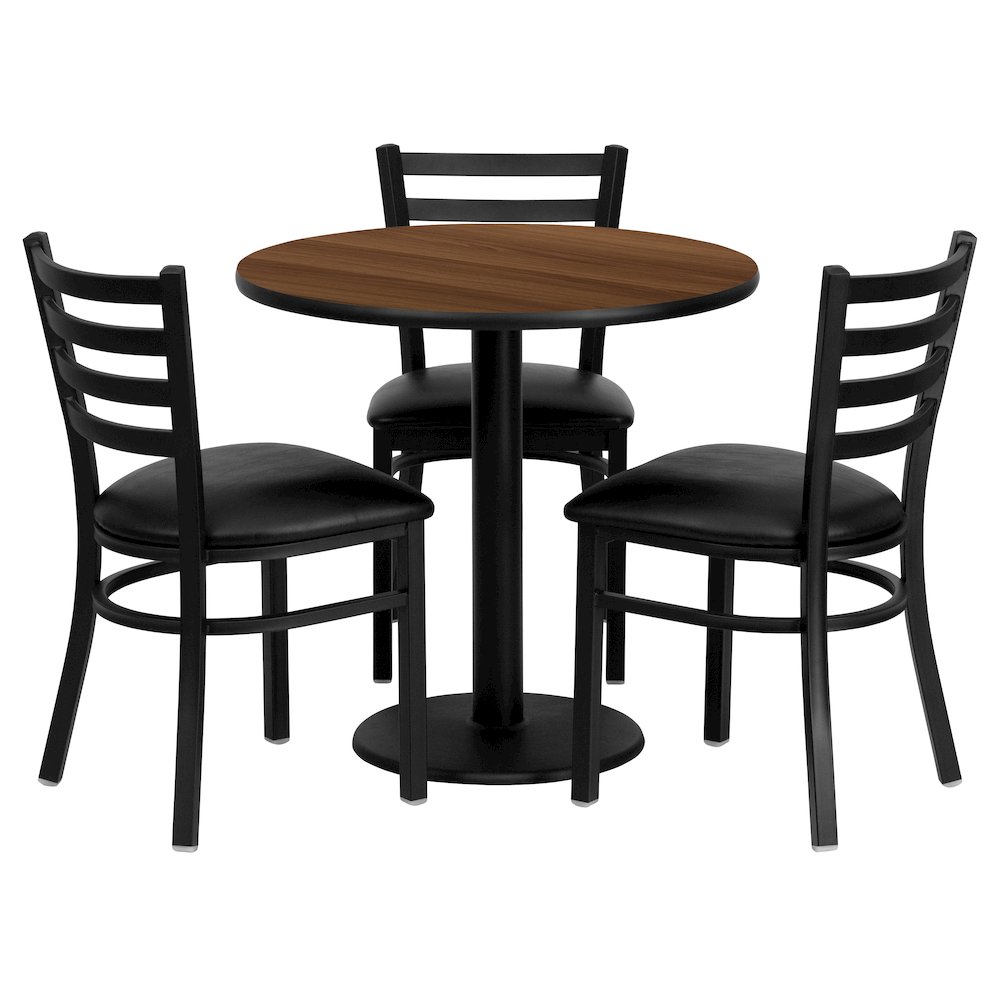 30'' Round Walnut Table Set with 3 Ladder Back Metal Chairs - Black Vinyl Seat. Picture 1