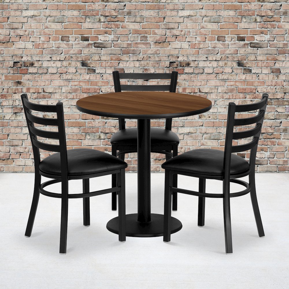 30'' Round Walnut Table Set with 3 Ladder Back Metal Chairs - Black Vinyl Seat. Picture 2