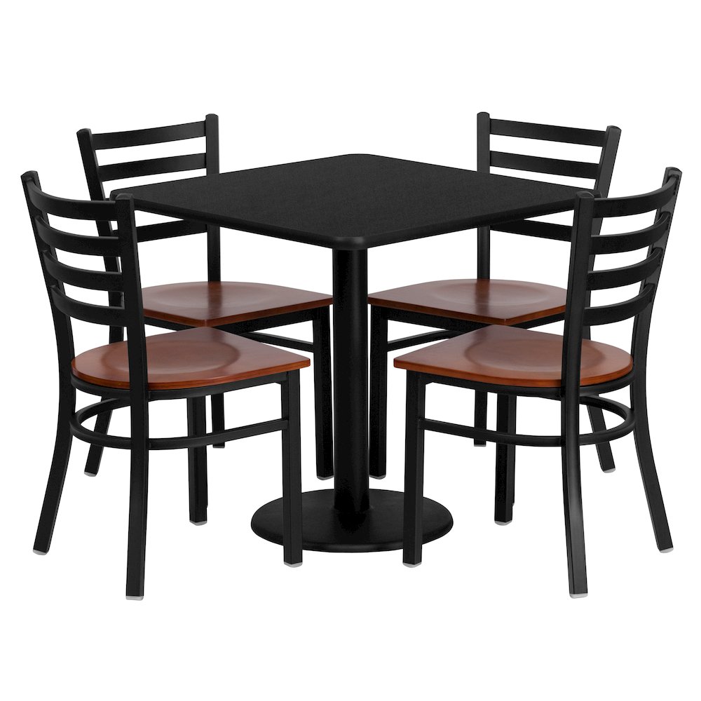30'' Square Black Laminate Table Set with 4 Ladder Back Metal Chairs - Cherry Wood Seat. Picture 1
