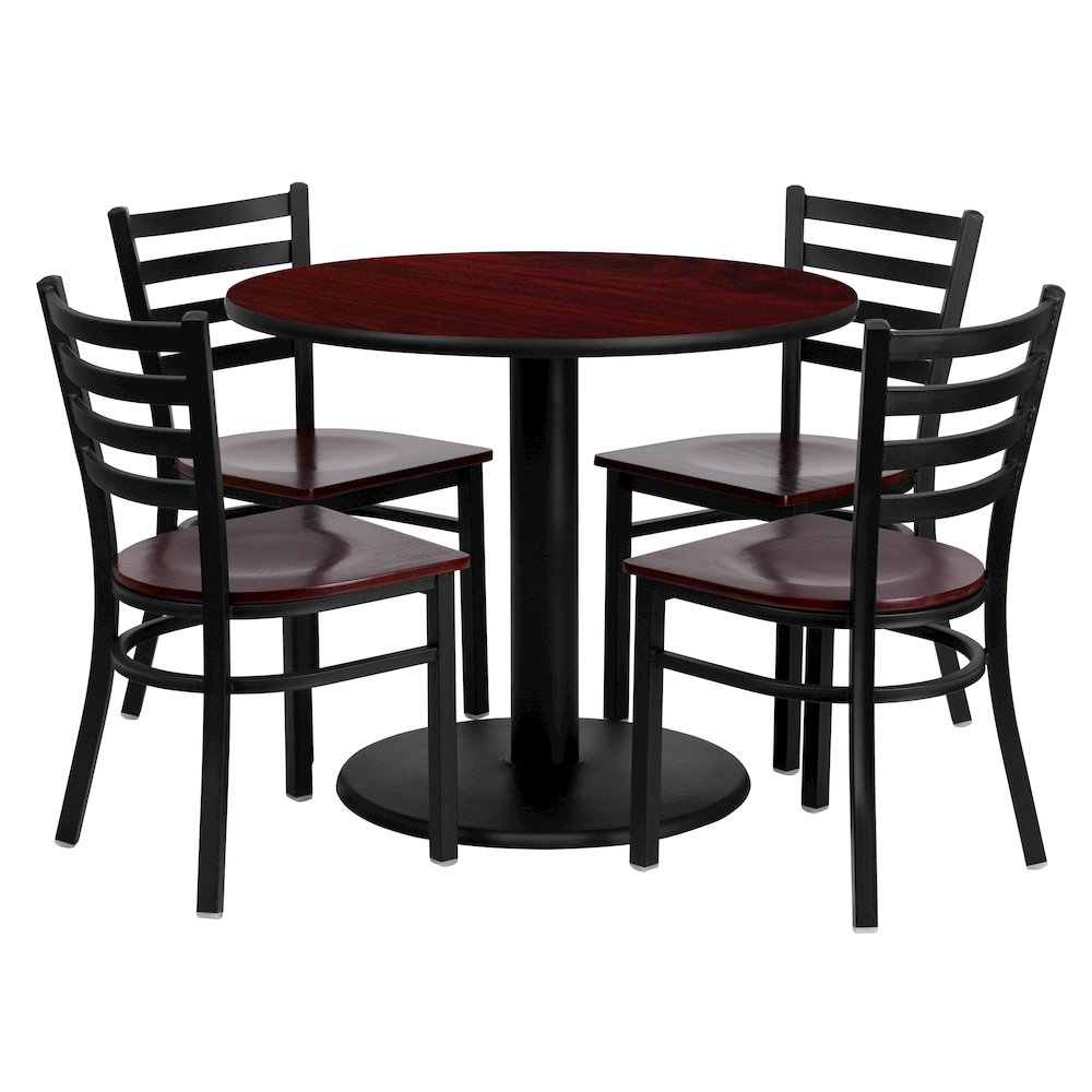 36'' Round Mahogany Laminate Table Set with 4 Ladder Back Metal Chairs - Mahogany Wood Seat. Picture 1
