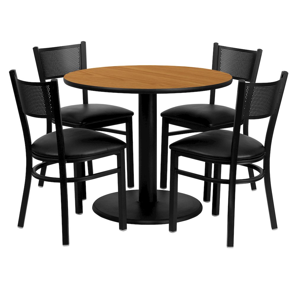 36'' Round Natural Table Set with 4 Grid Back Metal Chairs - Black Vinyl Seat. Picture 1