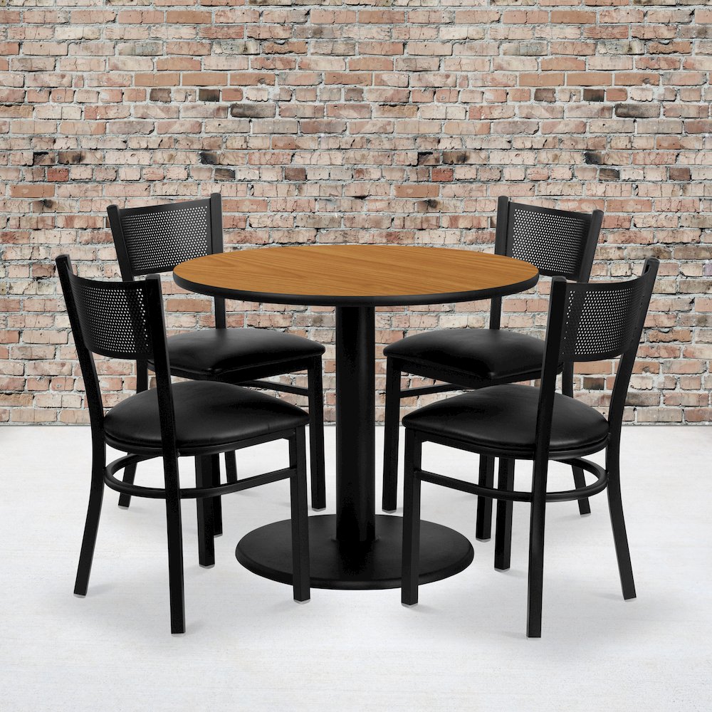 36'' Round Natural Table Set with 4 Grid Back Metal Chairs - Black Vinyl Seat. Picture 2