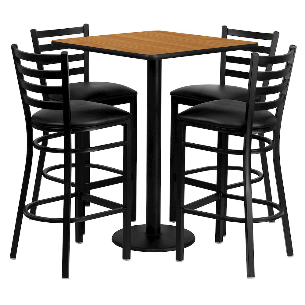 30'' Square Natural Laminate Table Set with 4 Ladder Back Metal Barstools - Black Vinyl Seat. Picture 1