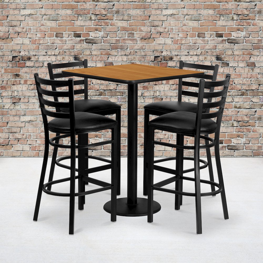 30'' Square Natural Laminate Table Set with 4 Ladder Back Metal Barstools - Black Vinyl Seat. Picture 2